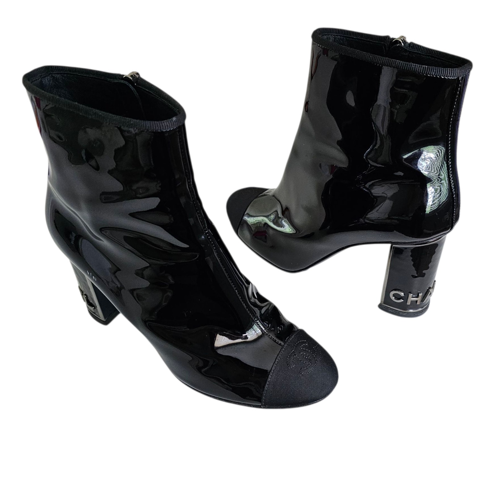 Chanel Cc Cap Toe Logo Ankle Heel Boot Size 37.5 Us 6.5 7 Black Patent Leather
